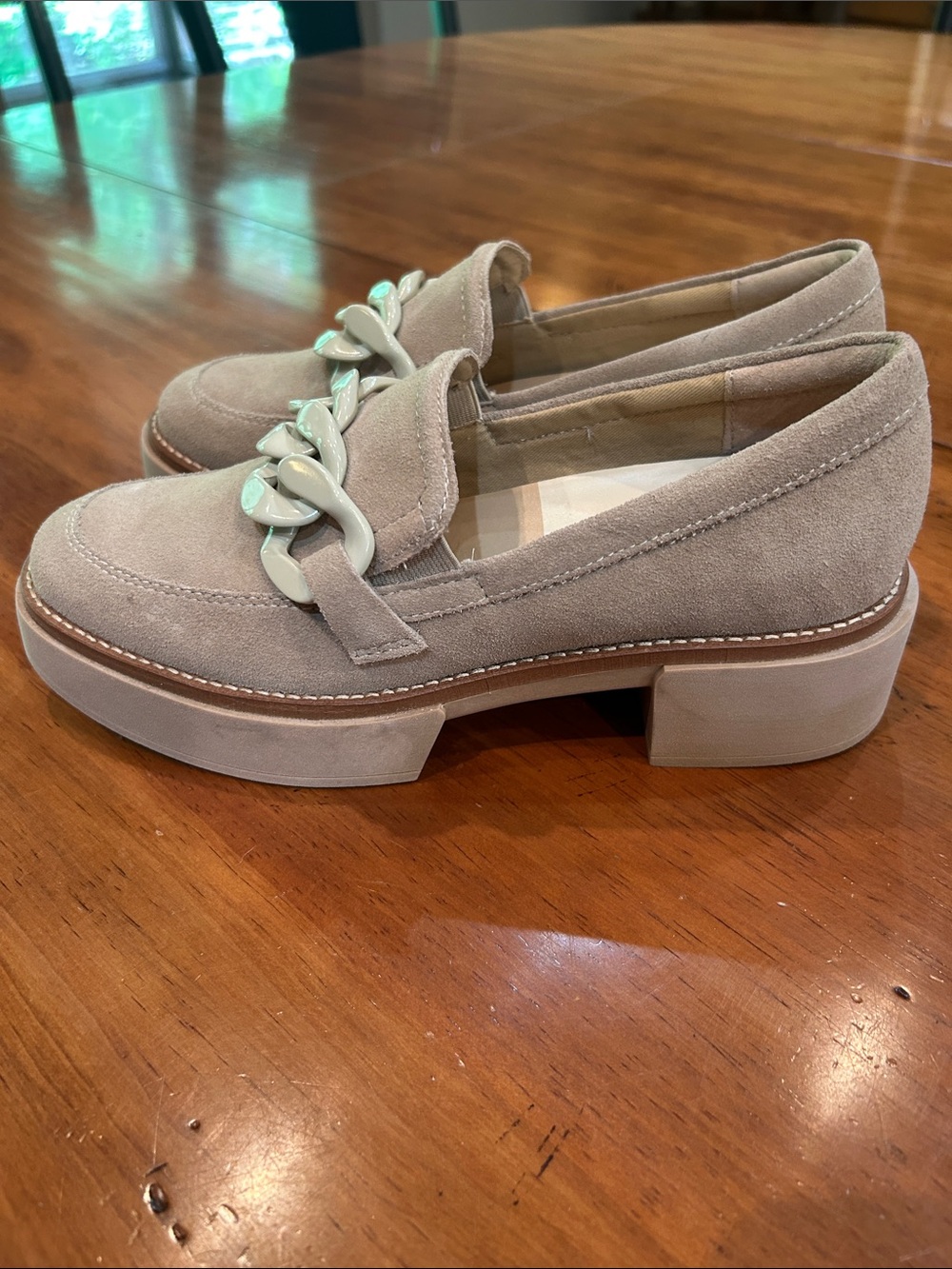Dolce Vita Beige Suede Loafers with Cream Chain Trim